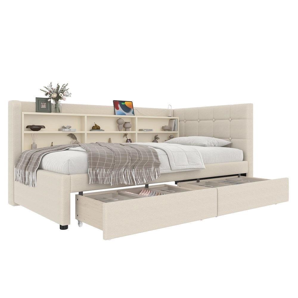 Letto Diurno con Cassetti e Rete a Doghe ¨C MINIMAL ¨C Lino Beige 90x200