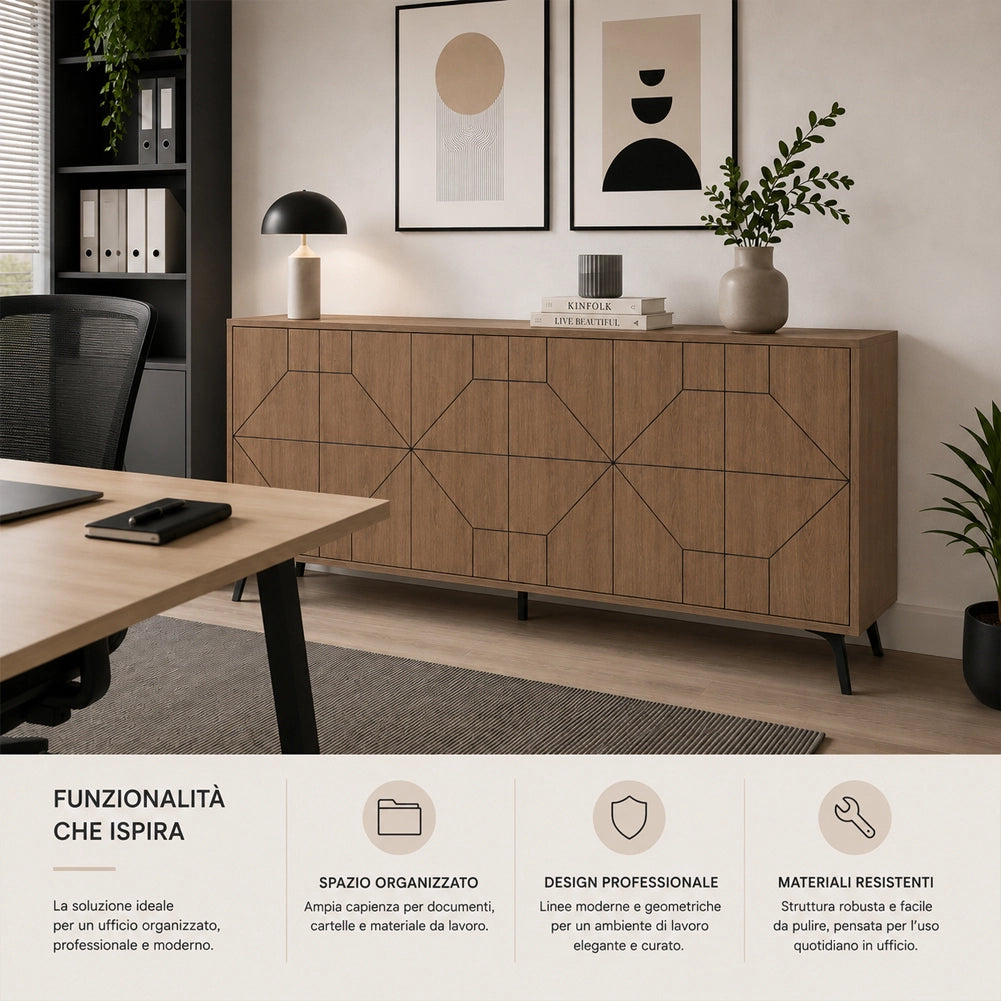 Madia con 6 Ante Credenza Design Geometrico Moderno in Legno 184x77 cm Rovere