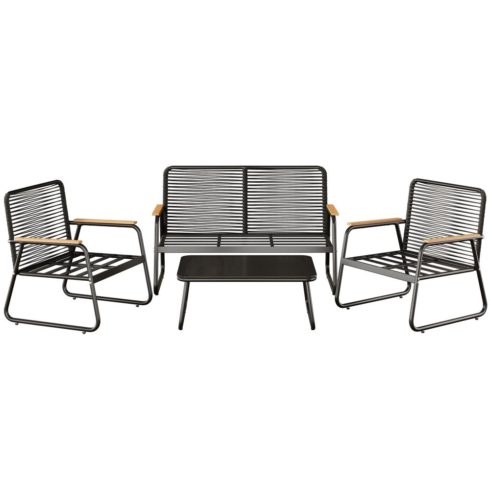 Set da giardino per 4 persone - Zephmum- Struttura in ferro zincato, vetro temperato, gambe regolabili, cuscini inclusi, nero