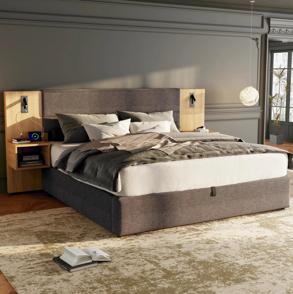 Letto contenitore 160x200 cm con USB, luce e 2 comodini