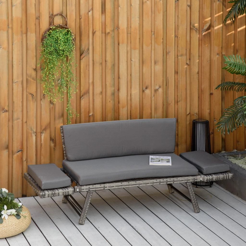 Divano da Giardino 2 Posti in Rattan con Imbottitura e Braccioli Ribaltabili, 129x63x67cm, Grigio