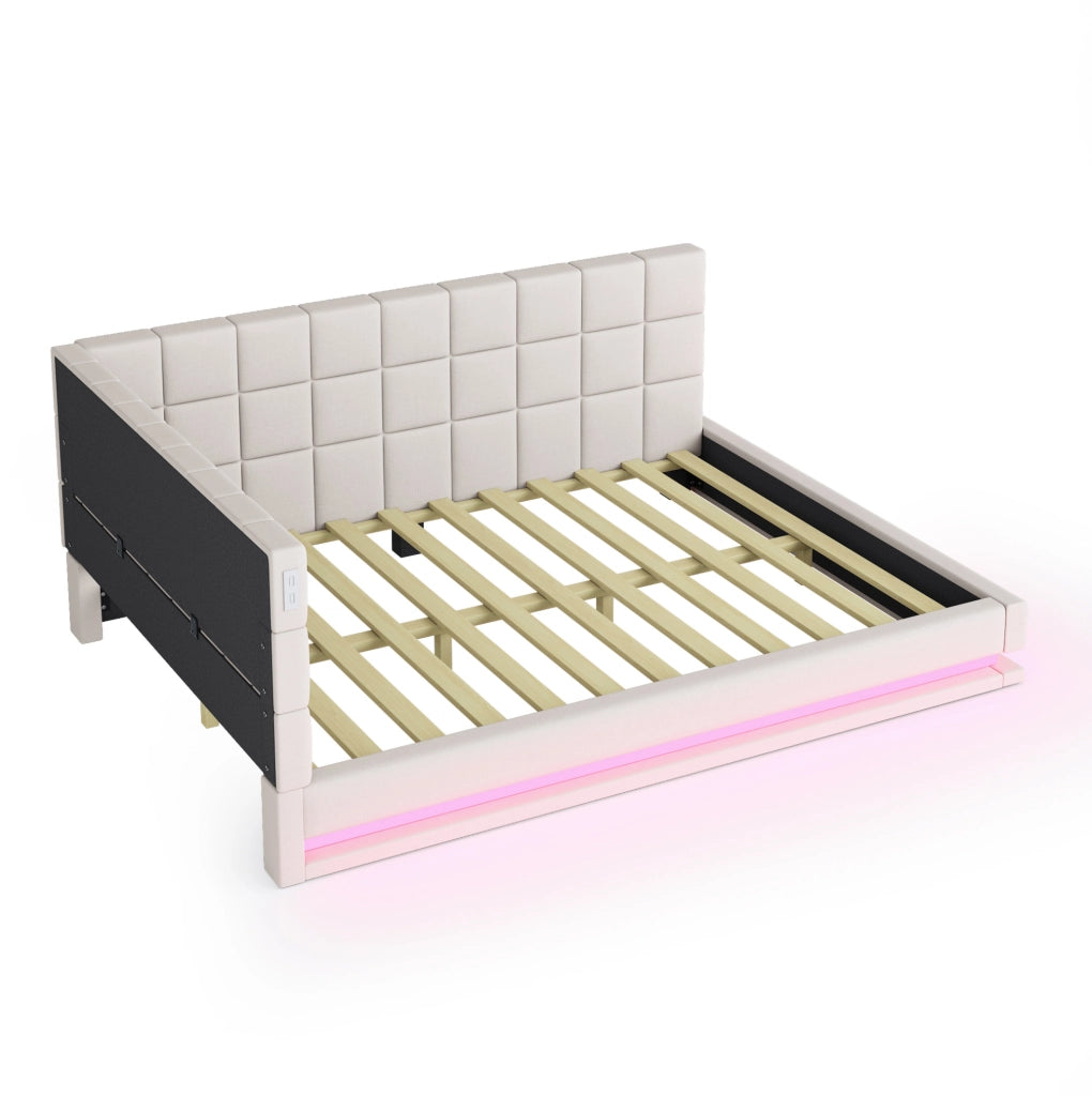 Divano Letto Imbottito 160x200 cm con LED, USB e Rete a Doghe in Lino Beige