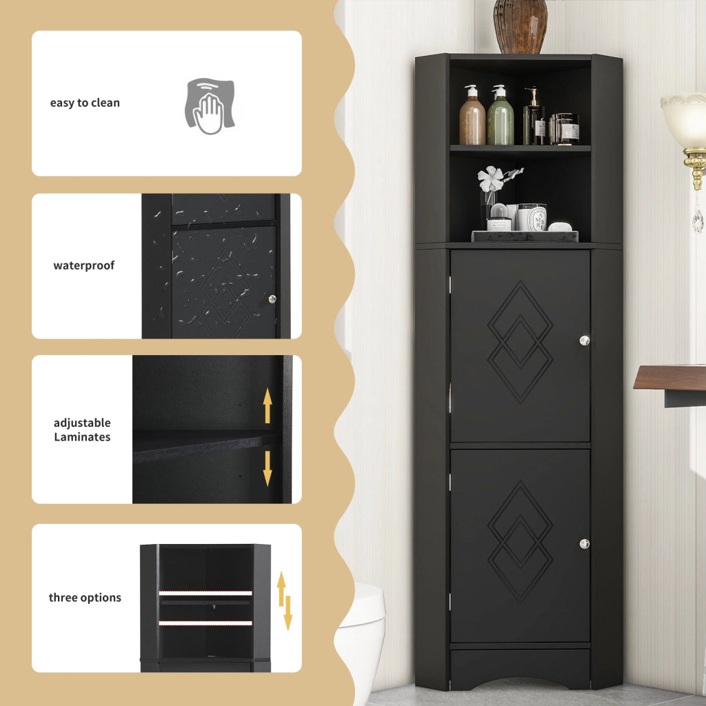 Mobile bagno angolare con vani aperti - per bagno - in truciolare - 36.5×36.5×155 cm - nero