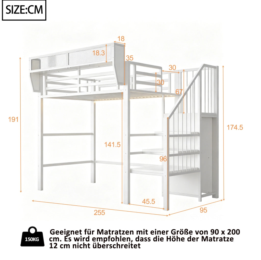 Letto a soppalco 90x200 cm in metallo e MDF; con LED; scala di sicurezza; bianco