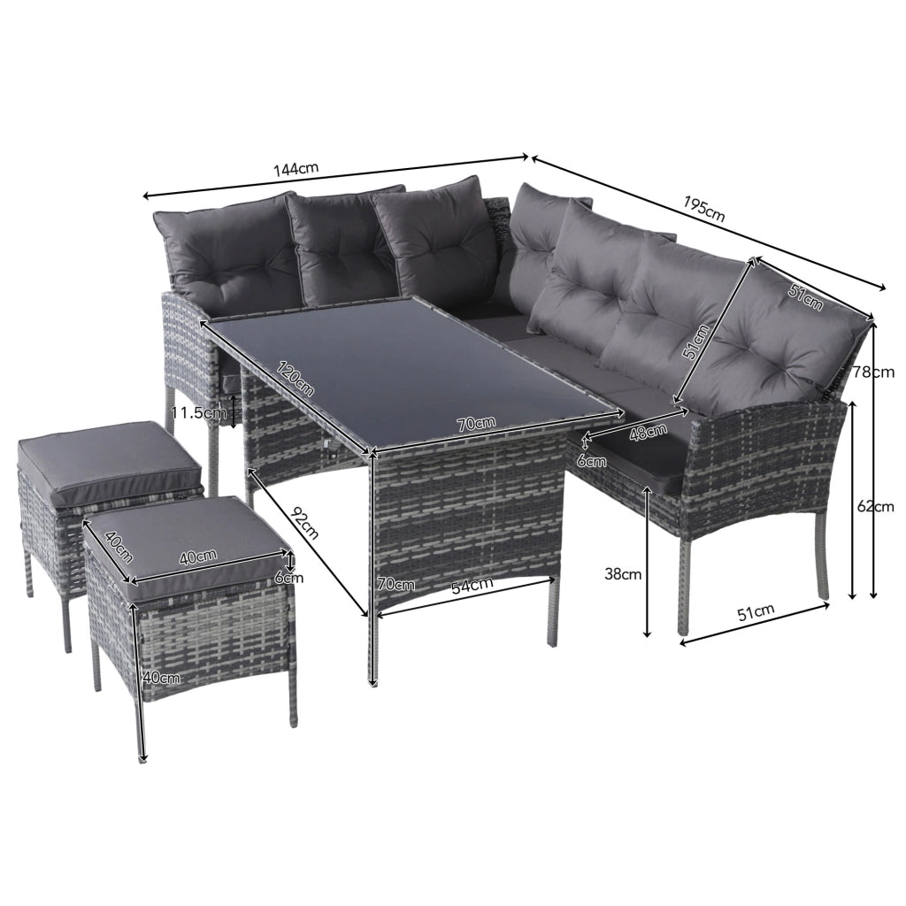 Set salotto polyrattan 7 persone: Divanooo + tavolo + sgabello + cuscini; tessuto sfoderabile lavabile; grigio