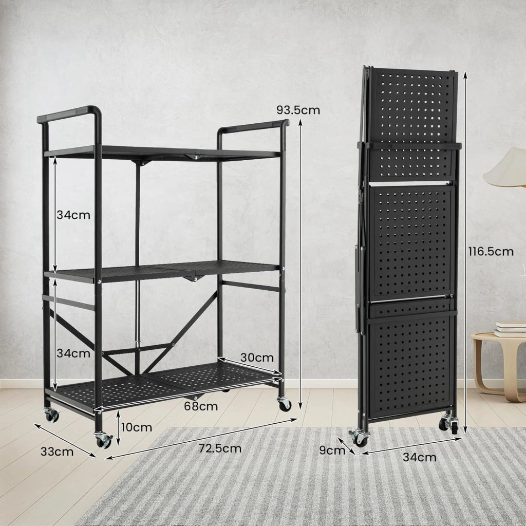 Scaffale Pieghevole con Ruote, Carrello Portaoggetti in Metallo con 3 Ripiani e 2 Ruote Bloccabili, per Cucina Soggiorno Garage, 72,5x33x93,5 cm