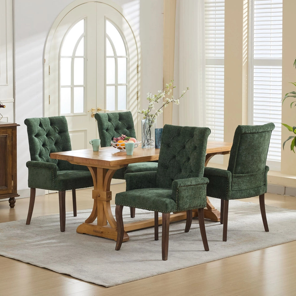 Sedia da pranzo, venduta singolarmente, tessuto chenille, gambe in legno massello, con braccioli, verde oliva