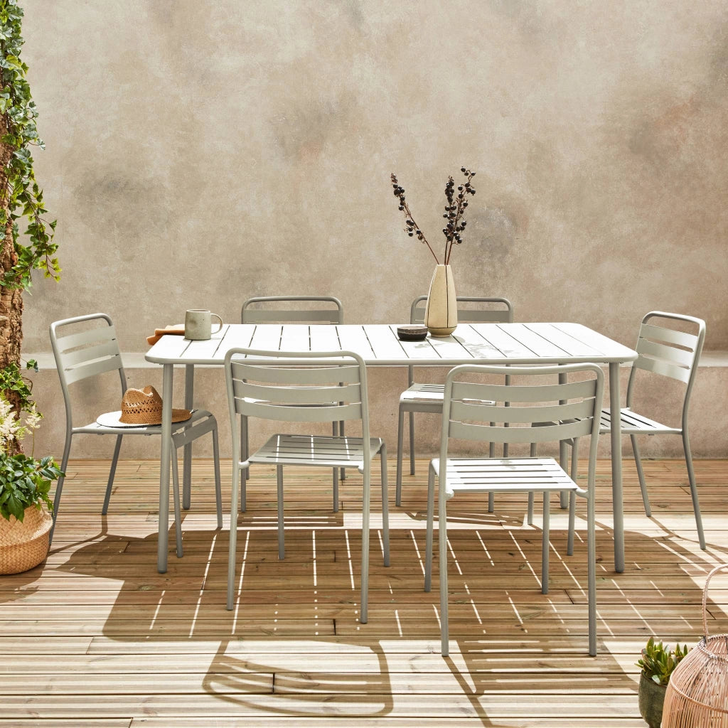 Set tavolo da giardino in acciaio con 6 sedie, 160cm, beige