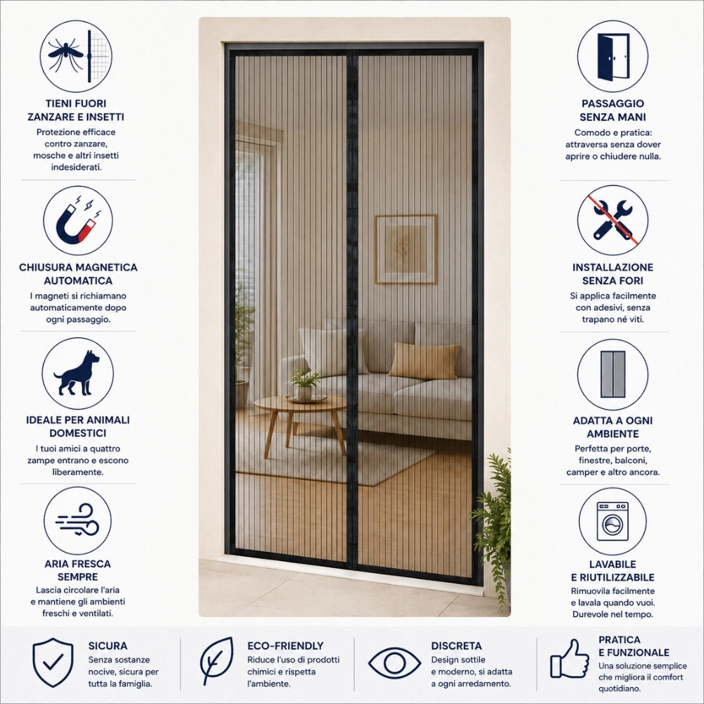 Zanzariera magnetica 100x220 cm per porta finestra con calamita, tenda anti zanzare e insetti resistente traspirante,...