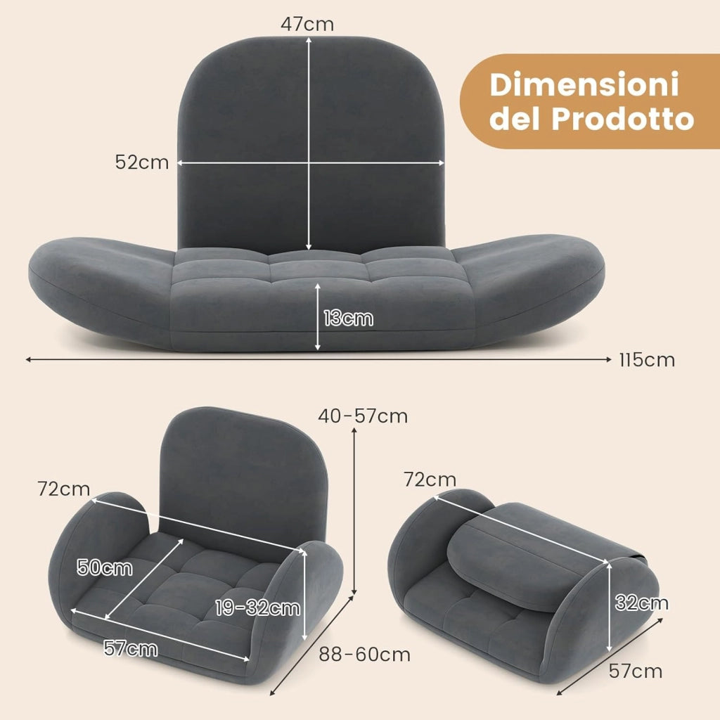 Sedia da Terra Pieghevole, Poltrona da Pavimento, Poltrona da Terra, con Schienale e Braccioli Regolabili, Sedia per Lettura e Medtazione, Grigio (Grigio, Non Base)