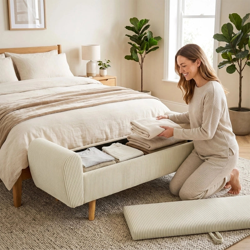 Panca contenitore, panca imbottita effetto velluto a coste, gambe in legno e braccioli arrotondati, beige