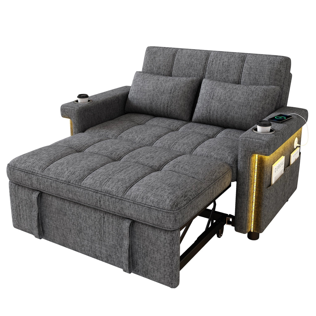 Divano letto 2 posti - con schienale regolabile; LED; USB e portabevande - in chenille grigio