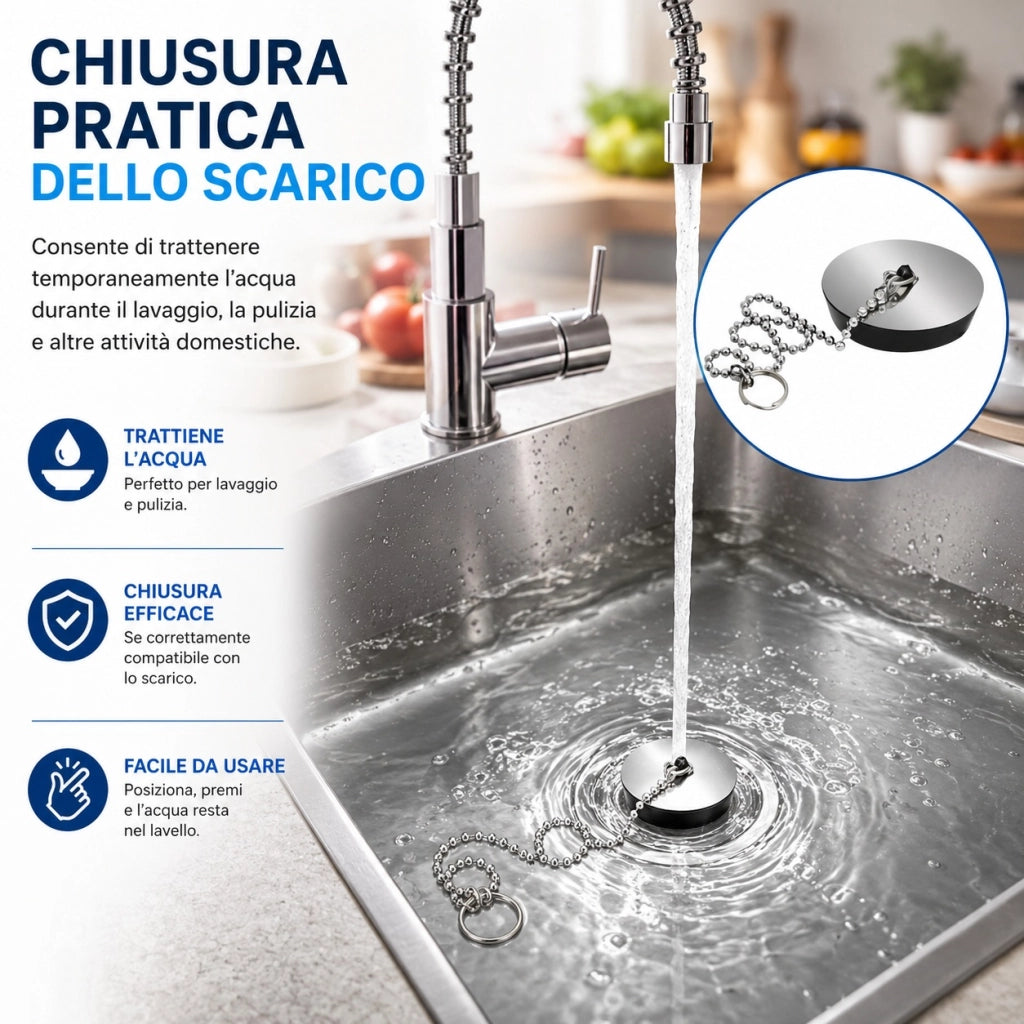 2 Tappi Universali Lavello Ø4 cm con Catena Cucina Bagno Vasca 10394