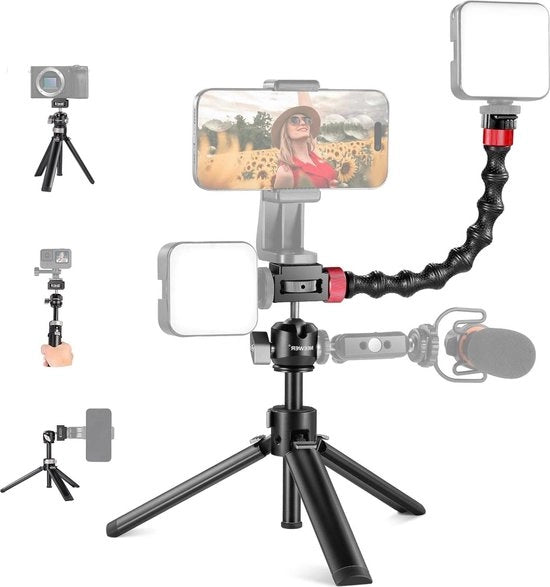 Mini Stativo da Desktop - Dual Calze Freddi - Braccio di Tubo Flessibile - Portatile per Viaggi - Stativo per Camera di Vlogging - 1/4" Viti - Compatibile con Sony ZV1 ZV-E10 GoPro DJI iPhone