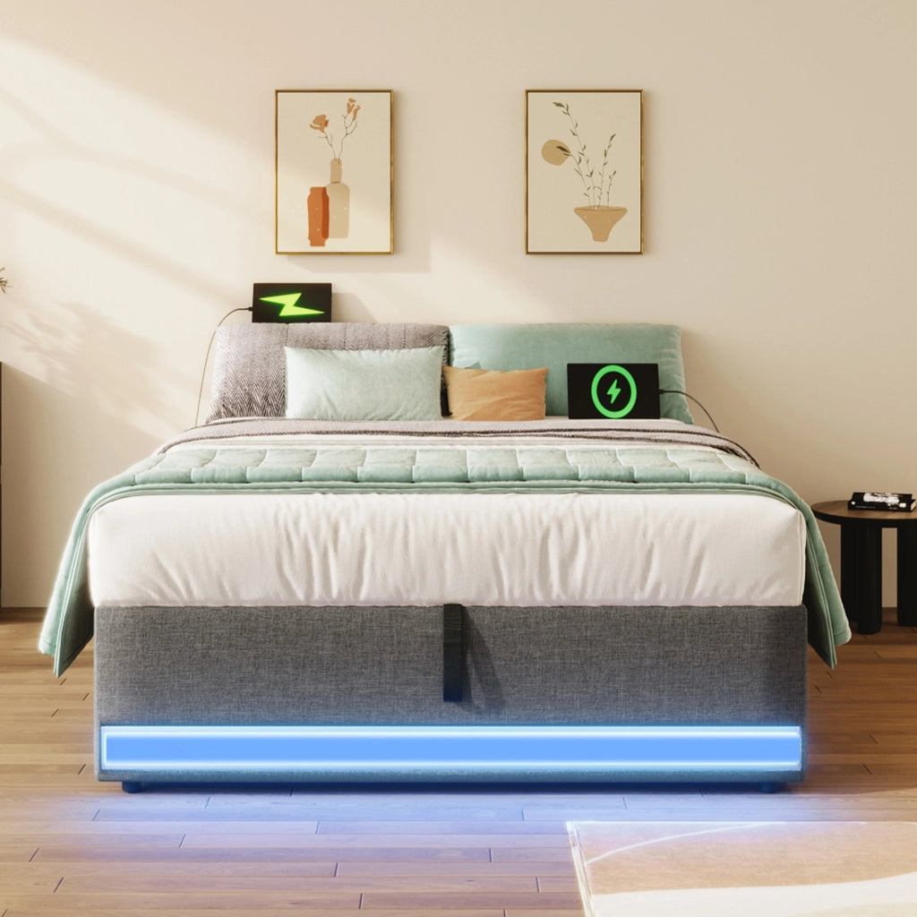 Letto imbottito 90x200 cm con USB; LED e contenitori laterali in lino grigio