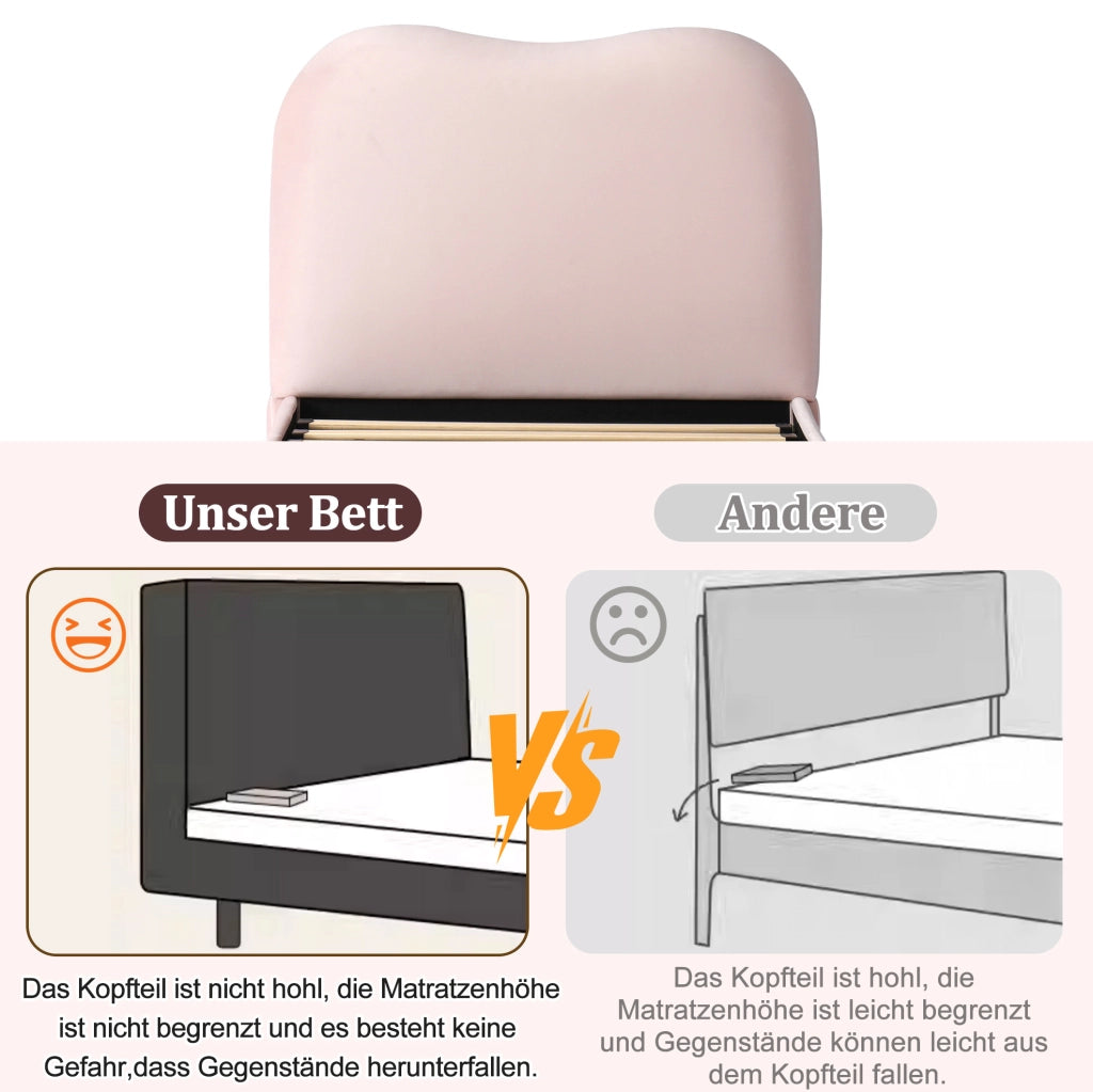 Letto imbottito con contenitore idraulico; rete a doghe; velluto rosa