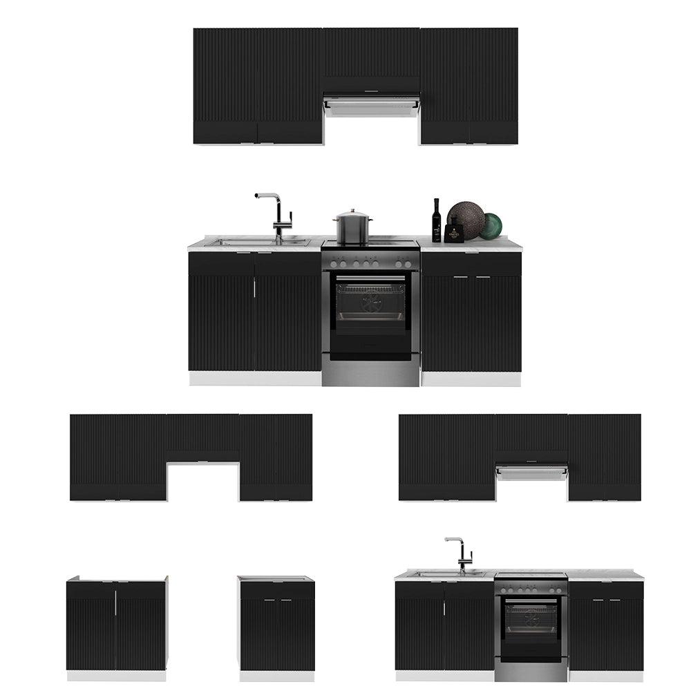 Cucina componibile Fame-Line Nero rigato/Bianco 200 cm, PL Marmo Vicco