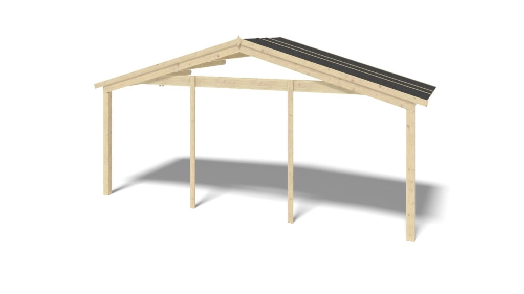 Casetta da giardino in legno con veranda e tettoia - 42m2 - 6x5m - 40mm - colore: naturale - DOM747+DOM553+DOM555+POD04 - ALTANKA
