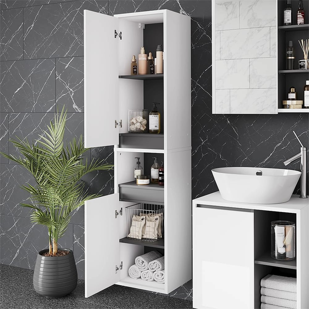Mobile alto Viola, Bianco/Grigio, 38 x 170 cm con 2 porte, combinabile con la serie Viola per riporre oggetti in bagno