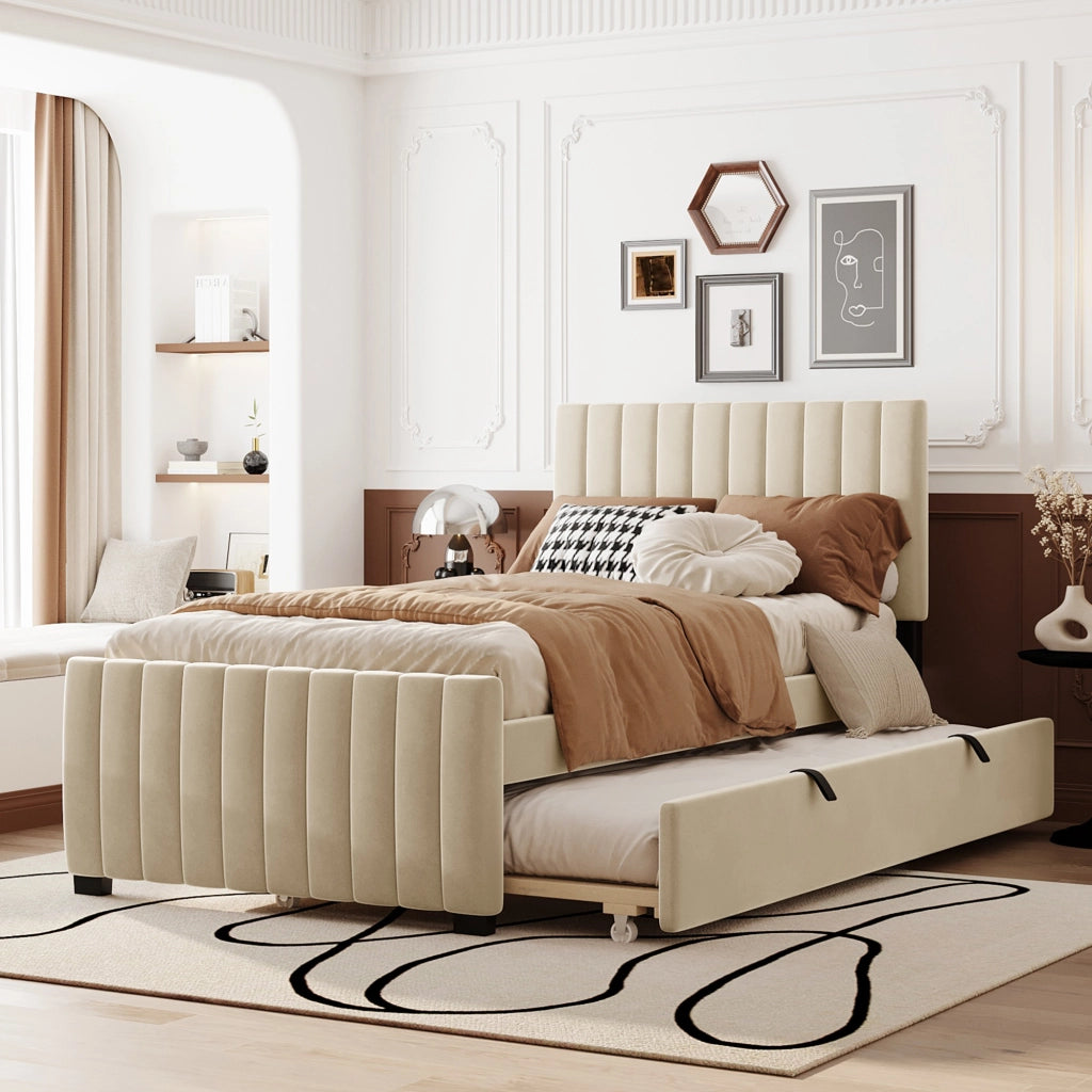 OKWISH Letto Estraibile 90×190 cm, Letto Singolo con Testiera Imbottita, Senza Materasso, in Velluto, Beige