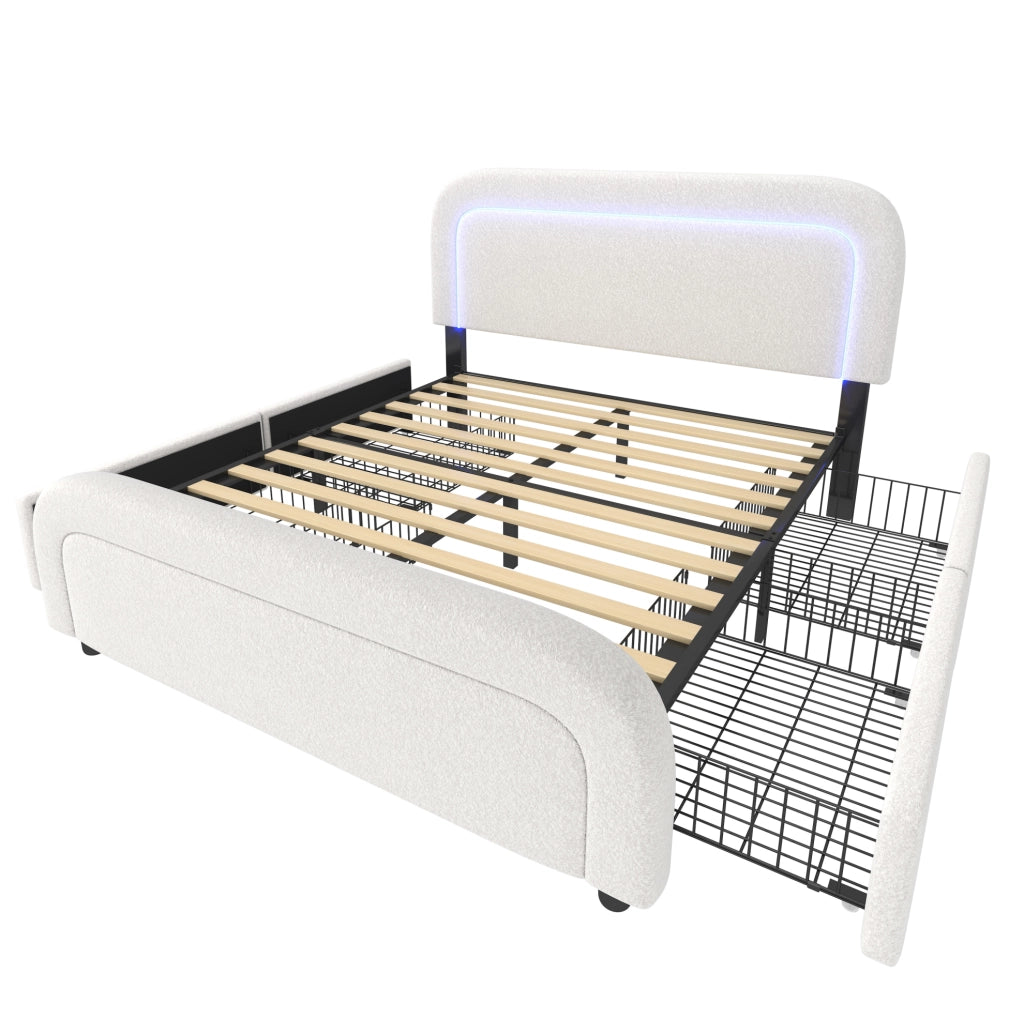 Letto imbottito 140x200 cm in Sherpa bianco con USB Type-C; LED e 4 cassetti