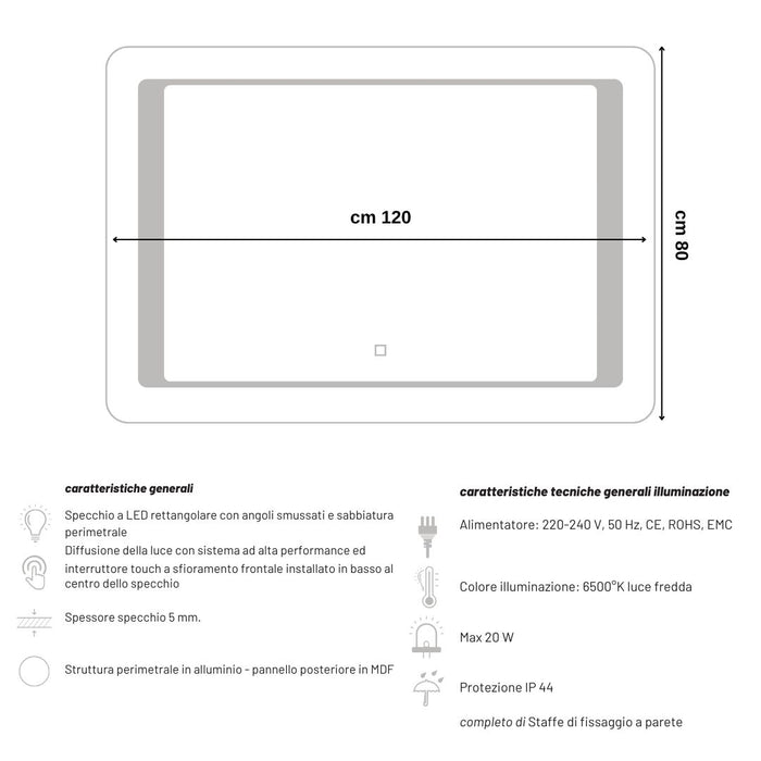 Specchio 5 mm rettangolare cornice led interruttore touch alluminio mdf *** misure 120x80 cm, tonalità dimmerabile 2...
