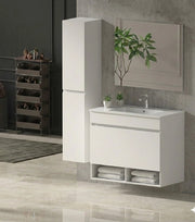Mobile Bagno NEBARI Già Montato 1 cassetto, lavabo e specchio Bianco lucido 100x45 cm con colonna