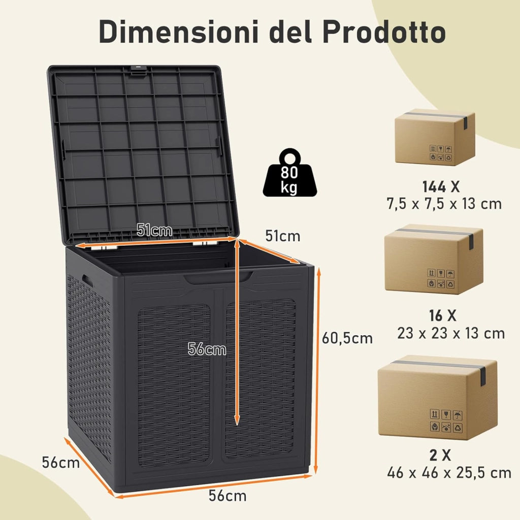 Baule da Esterno 145 L, Cassapanca Contenitore Impermeabile con Effetto Rattan, Coperchio Bloccabile e Maniglie, per Giardino, Patio e Piscina, 56 x 56 x 60,5 cm (Marrone)