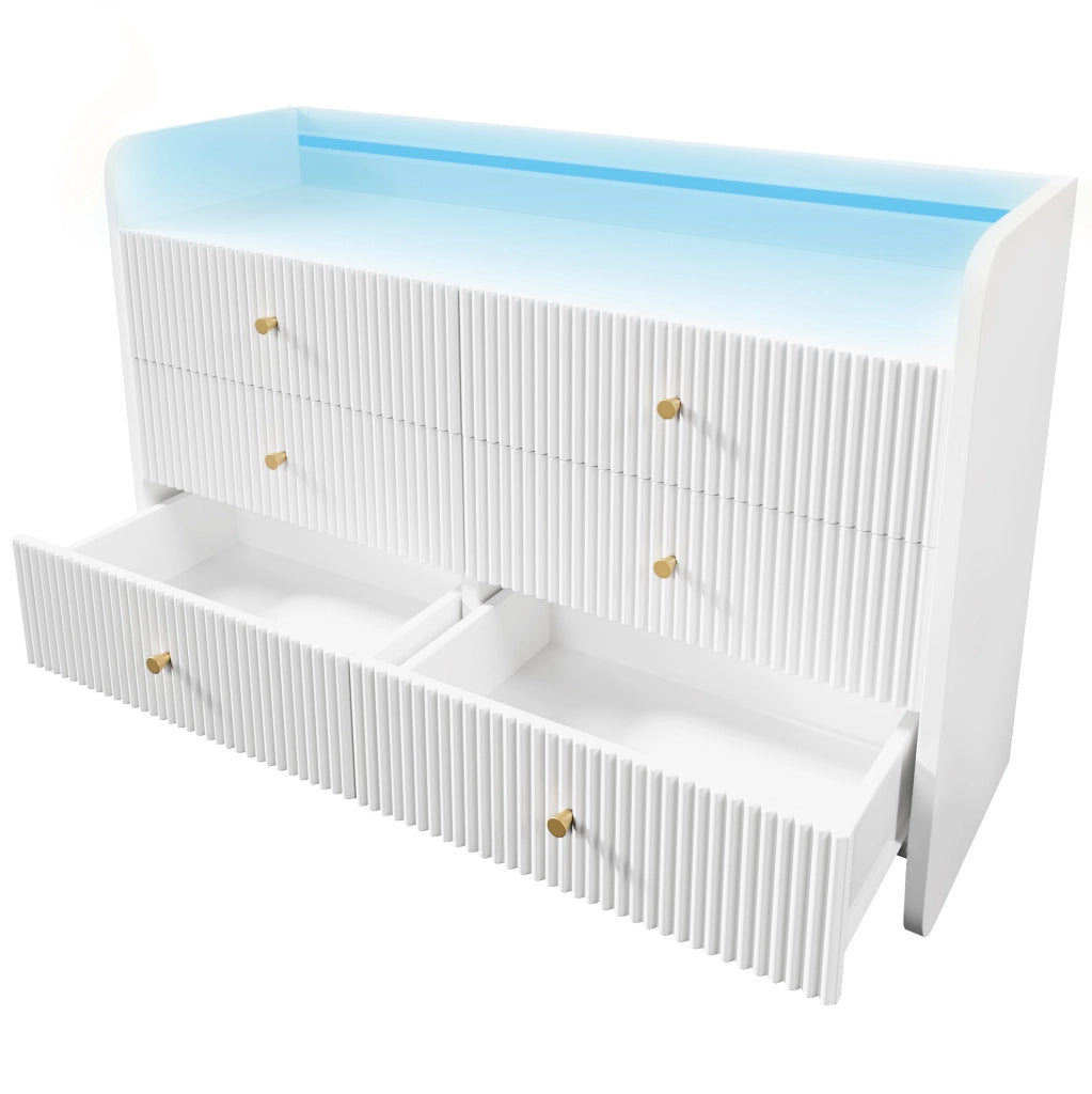 Credenza ULEVR 120x40x75 cm con LED, vano aperto e 6 cassetti, bianca