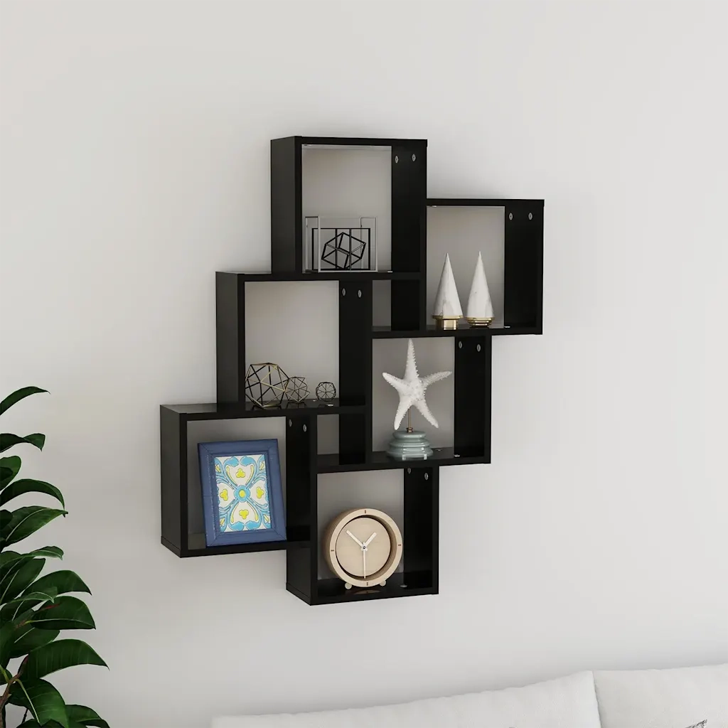 Mensola da Parete | Mensola sospesa a Cubo Nera 78x15x93 cm in Legno Multistrato