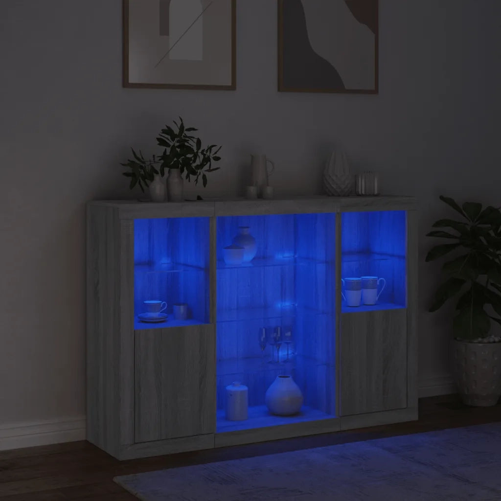 Credenze con Luci LED 3 pz Grigio Sonoma in Legno Multistrato