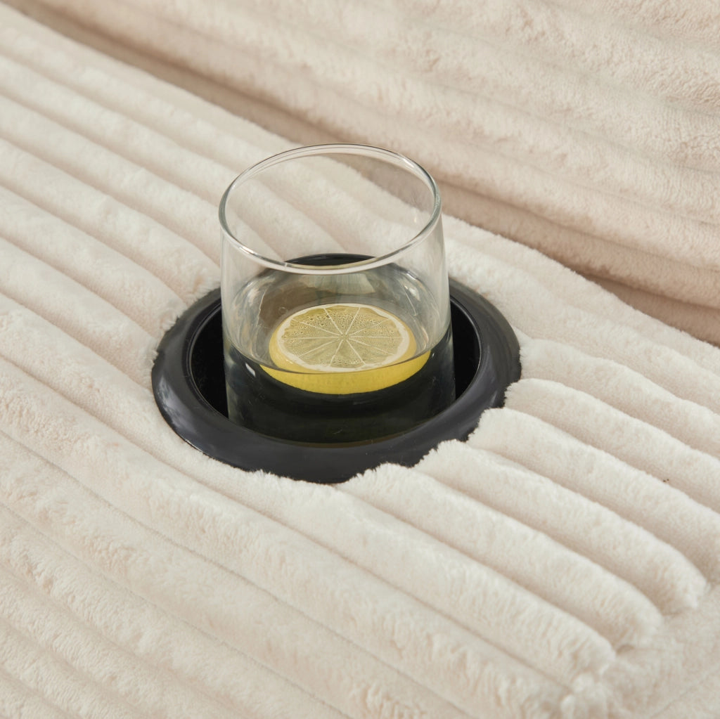 Divano modulare in velluto a coste beige con pouf e tasche laterali HAVRYA
