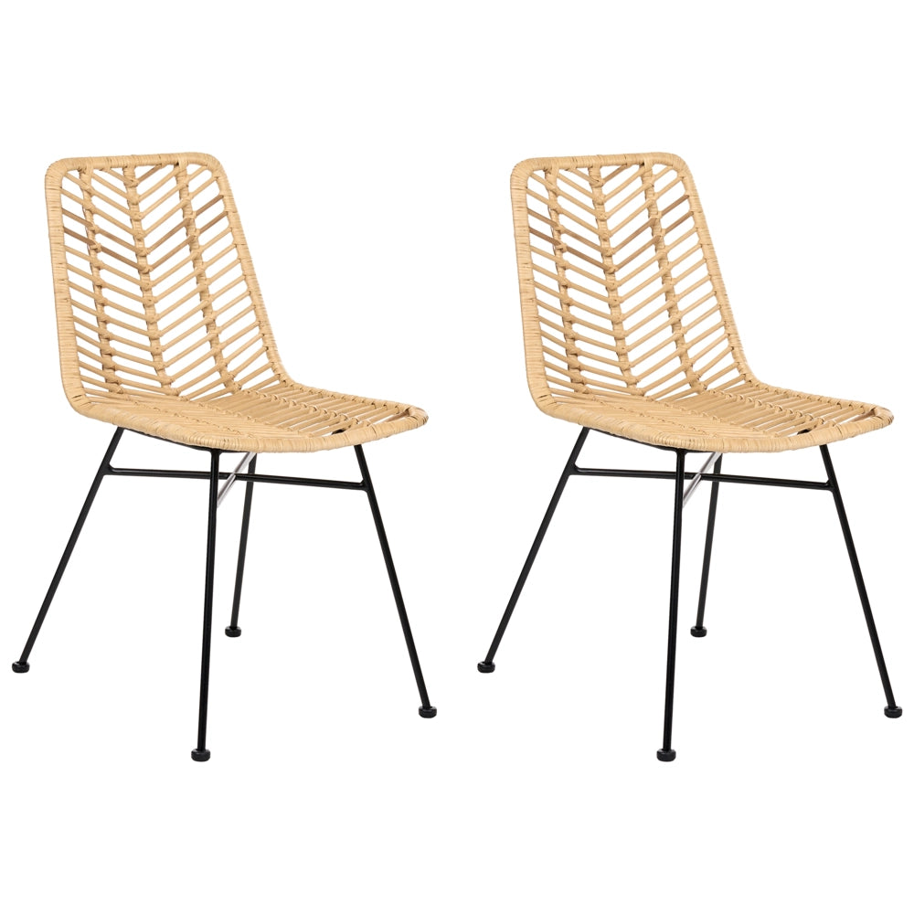 Set di 2 sedie in rattan naturale con seduta e schienale in vimini, senza braccioli, gambe in ferro