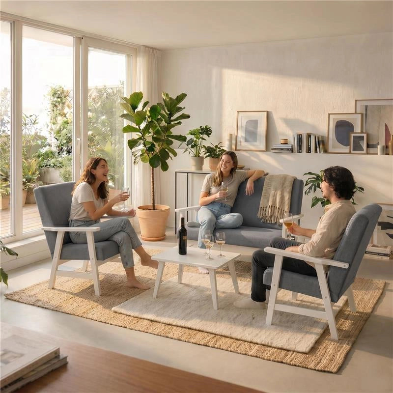 SET SALOTTO DA GIARDINO CON DIVANO, 2 POLTRONE + TAVOLINO IN LEGNO BIANCO E TESSUTO COLORE GRIGIO