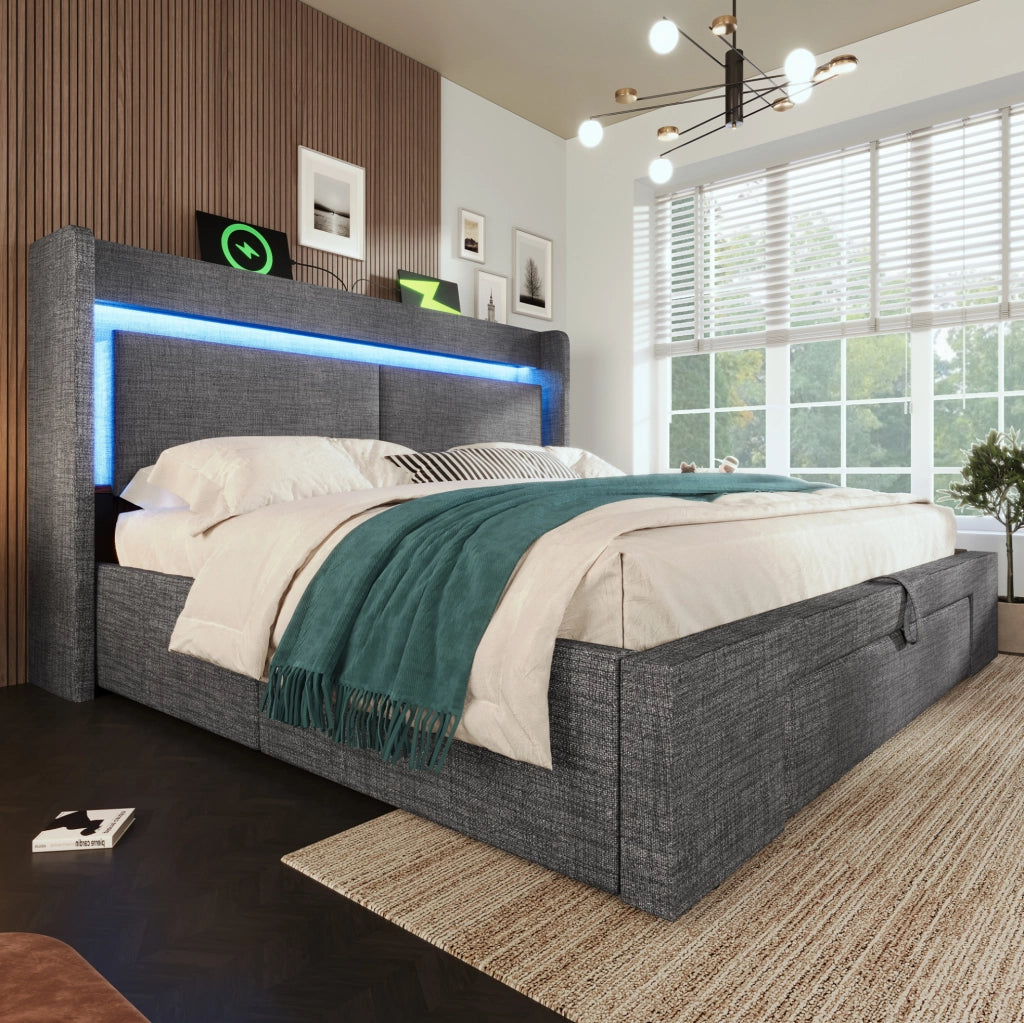 Letto imbottito 140x200 cm con contenitore idraulico; LED; USB e USB-C; lino grigio