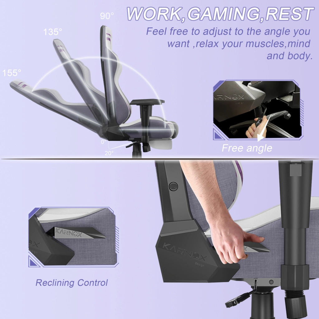 Sedia da ufficio ergonomica in tessuto con supporto lombare, poggiatesta e schienale reclinabile bianco e viola