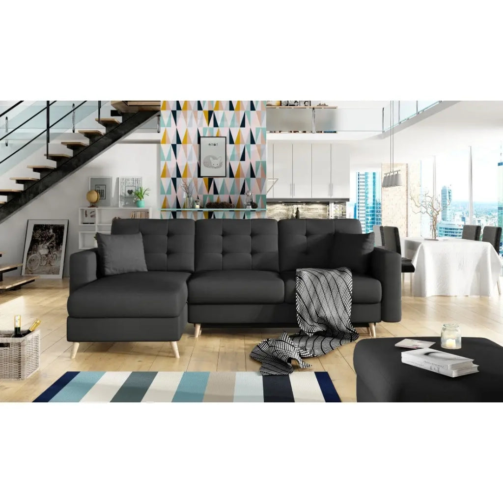 Divano angolare convertibile HASGARD 3 posti nero 248x162 cm - con vano contenitore e piedi in legno
