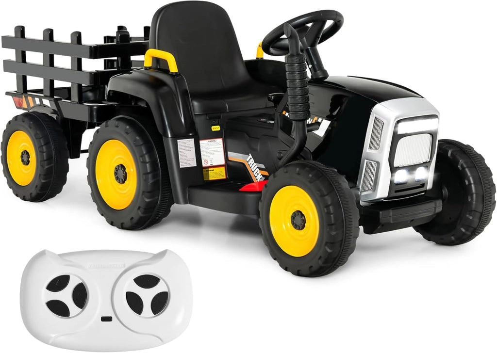 Trattore Elettrico per Bambini 12V con Rimorchio Rimovibile, Trattore Cavalcabile con Telecomando e Pedale Acceleratore, Veicolo con Multimedia, Clacson e Luci, Carico 30 kg (Rosa)