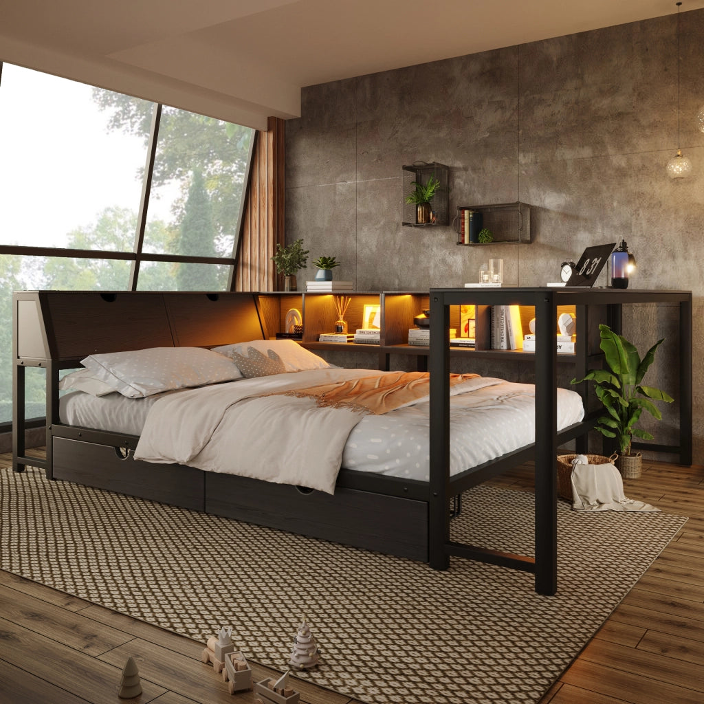 Letto multifunzione 140x200 cm in metallo e MDF con scrivania; LED e cassetti