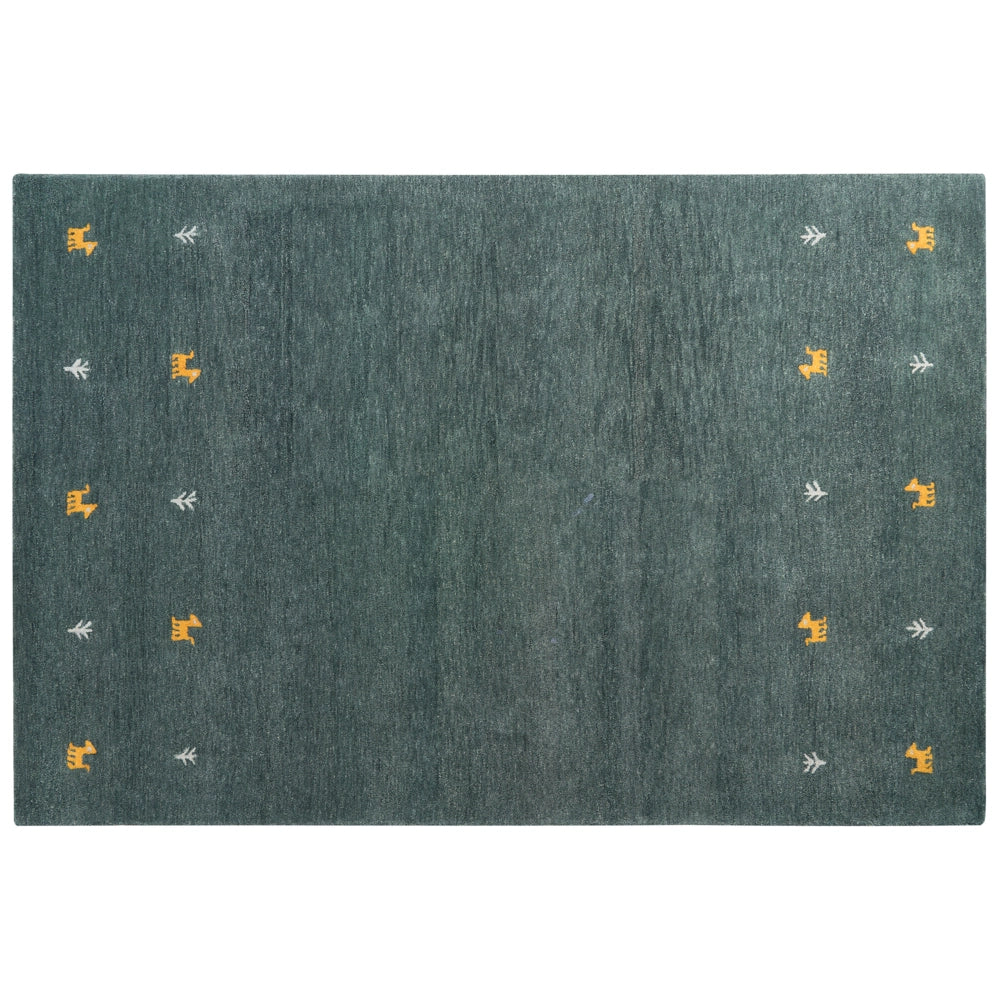 Tappeto Gabbeh in lana verde 200 x 300 cm, trapuntato a mano con motivi animali occidentali e design rustico