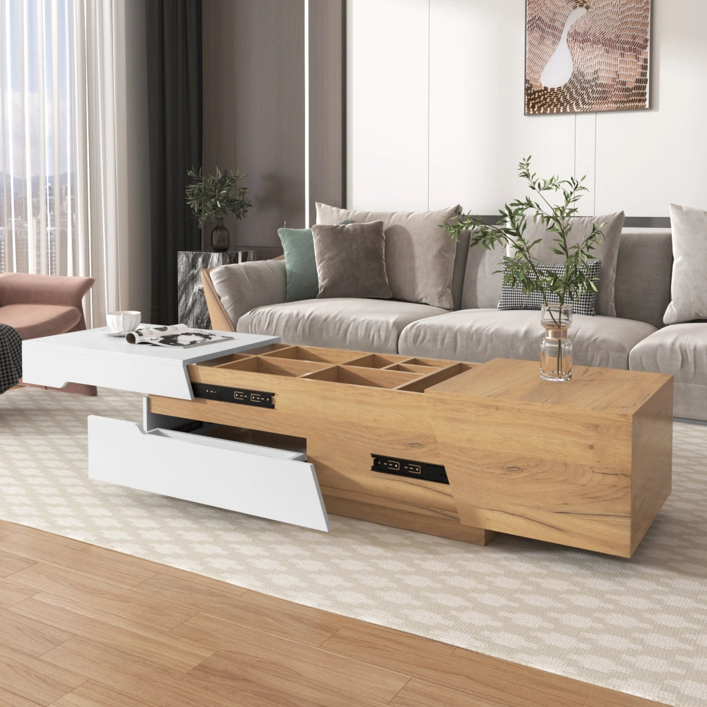 Tavolino da salotto con 2 Cassetti e Vani scorrevoli; per Soggiorno; in MDF; 120 × 50 × 37.5 cm; Bianco e Naturale