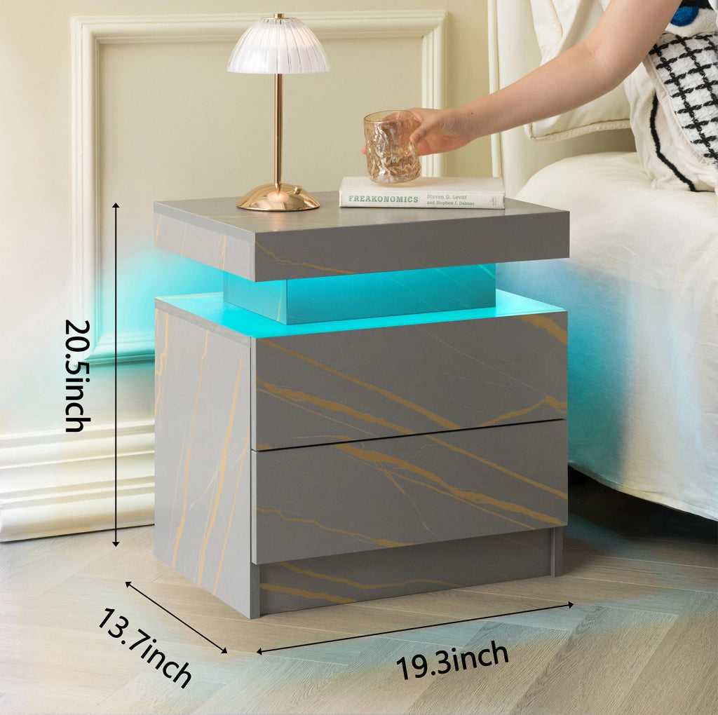 Comodino moderno con LED regolabile; 2 cassetti e vano aperto in legno ingegnerizzato grigio e oro