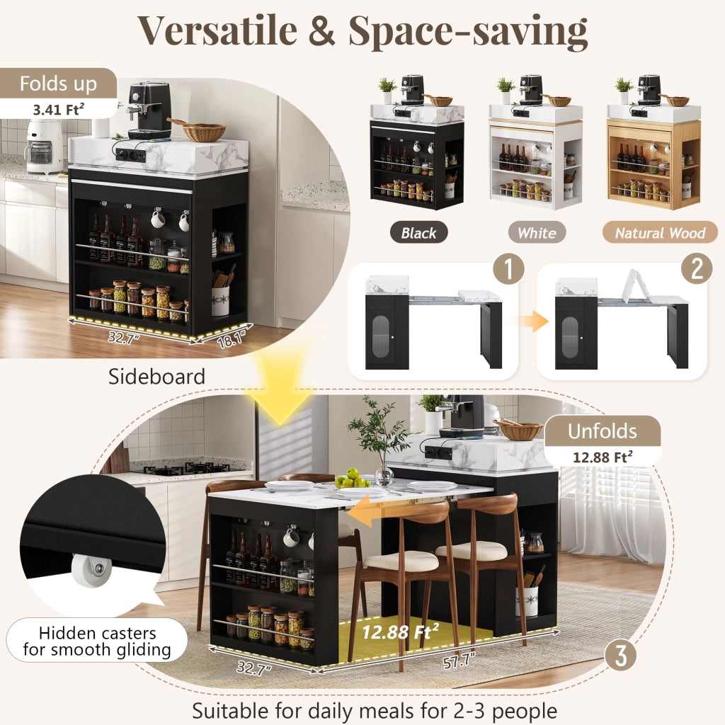 Tavolo allungabile con piano pieghevole; cassetto e vani; con prese integrate e ruote nascoste per cucina e sala da pranzo