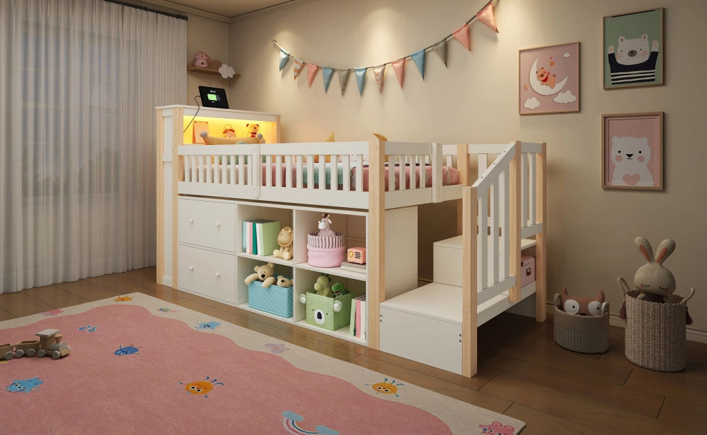Letto a soppalco 90 × 200 cm con cassetti, vani contenitore, scala armadio, LED, USB et Type-C, senza materasso, naturale