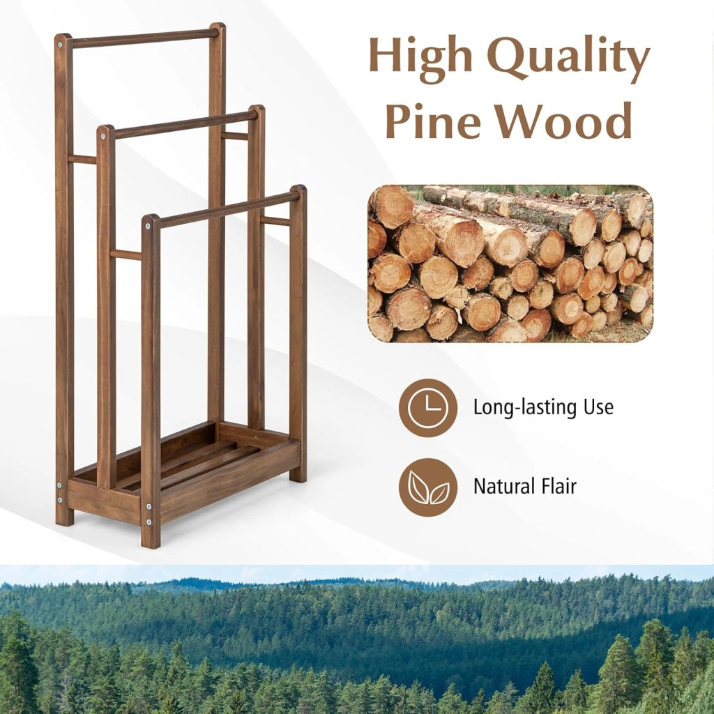 Porta Asciugamani, Porta Asciugamani da Terra, Porta Asciugamani da Terra in Legno, con 3 Aste per Asciugamani, con Ripiano Portaoggetti, Accessori da Bagno in Legno