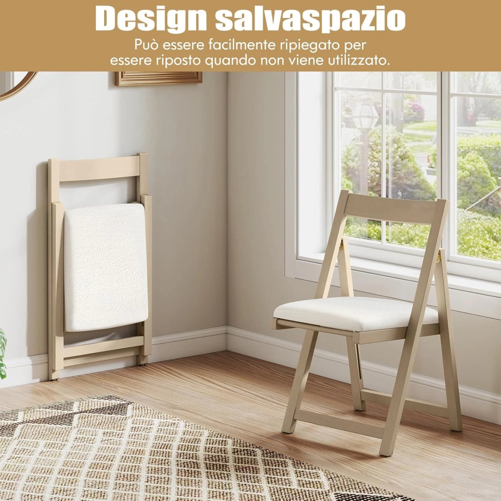Set di 2 Sedie Pieghevole, Sedie da Pranzo in Legno di Gomma con Schienale Curvo e Seduta Imbottita, Portata 150 kg, Sedie Ergonomiche per Cucina, Soggiorno, Matrimonio e Ristorante (Beige)