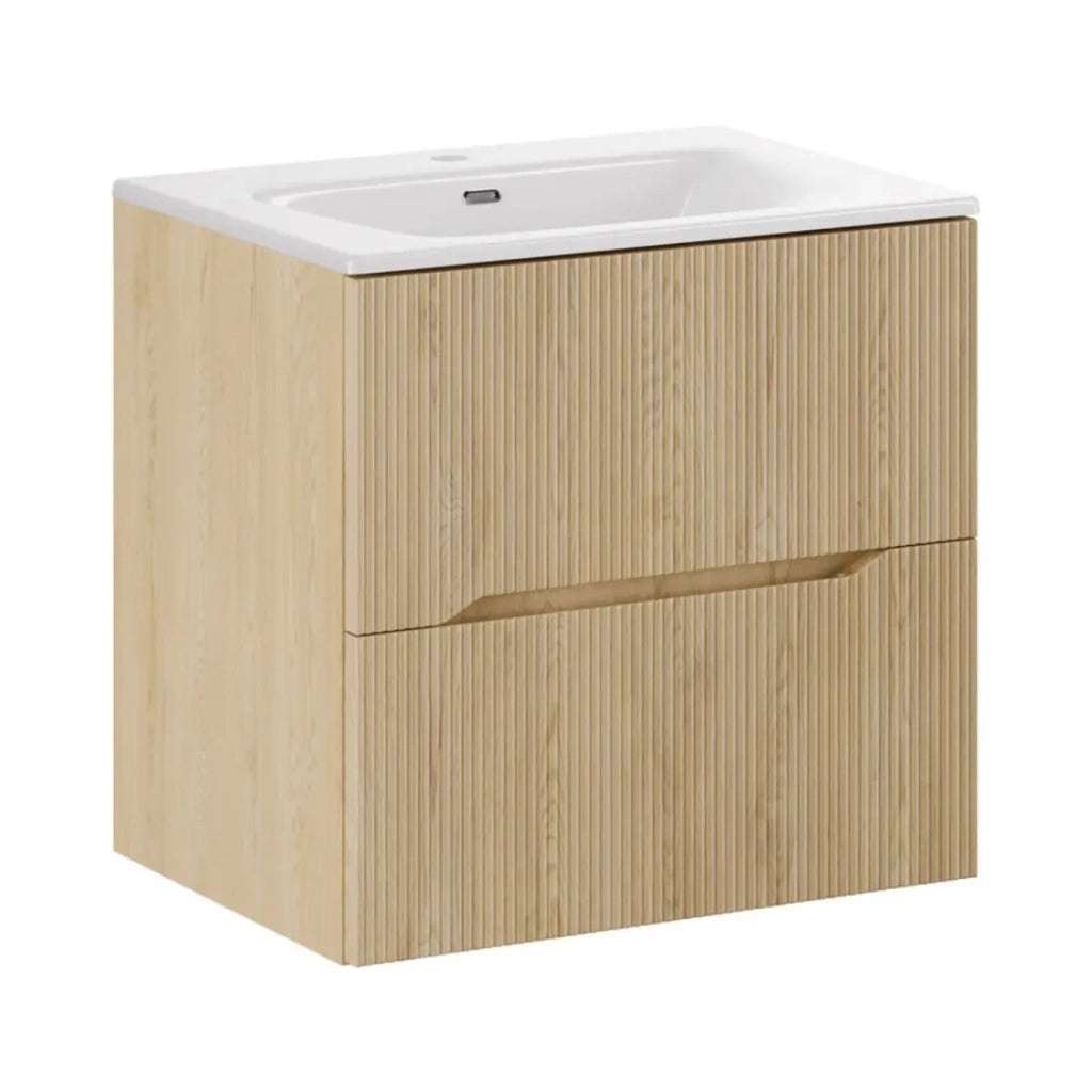 Set da bagno NATURA 60cm: mobile sottolavabo in legno chiaro con scanalature verticali + lavabo incassato
