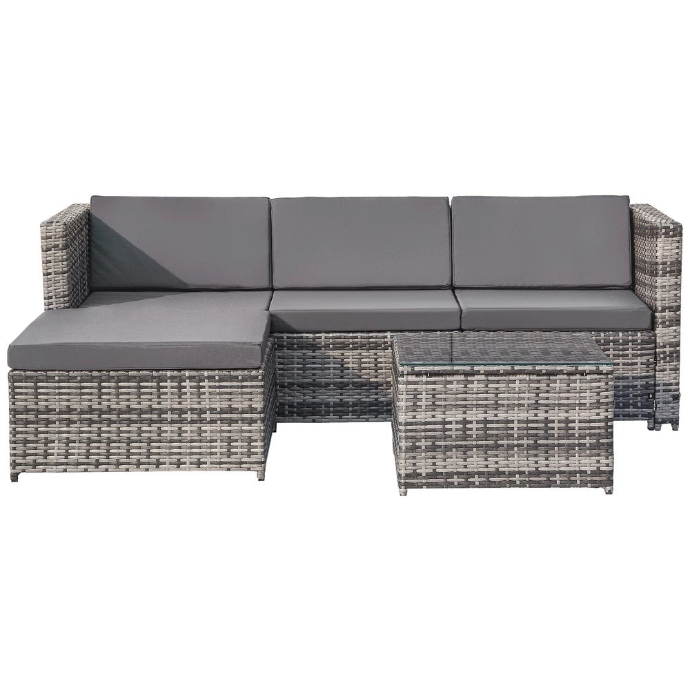 Set divano angolare giardino ¨C Minimal ¨C polyrattan grigio con cuscini e tavolo con piano in vetro