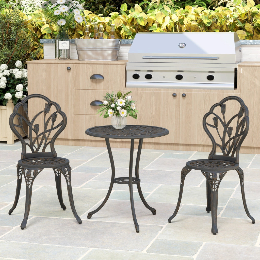 Set 3 Pezzi da Giardino con 2 Sedie e Tavolo Rotondo con Foro per Ombrellone in Alluminio Bronzo