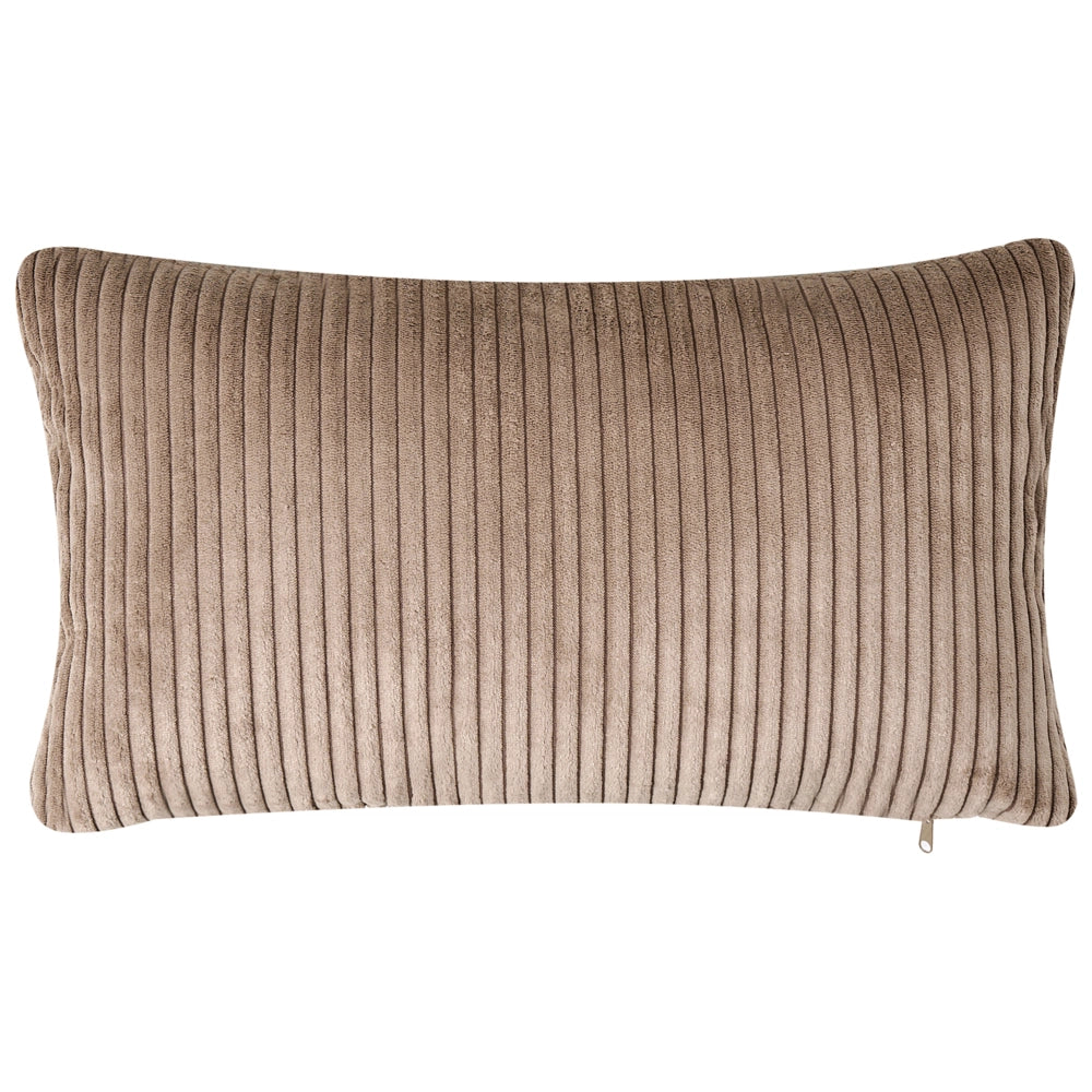 Chaise longue con rivestimento in velluto a coste beige sabbia e cuscino decorativo lato destro